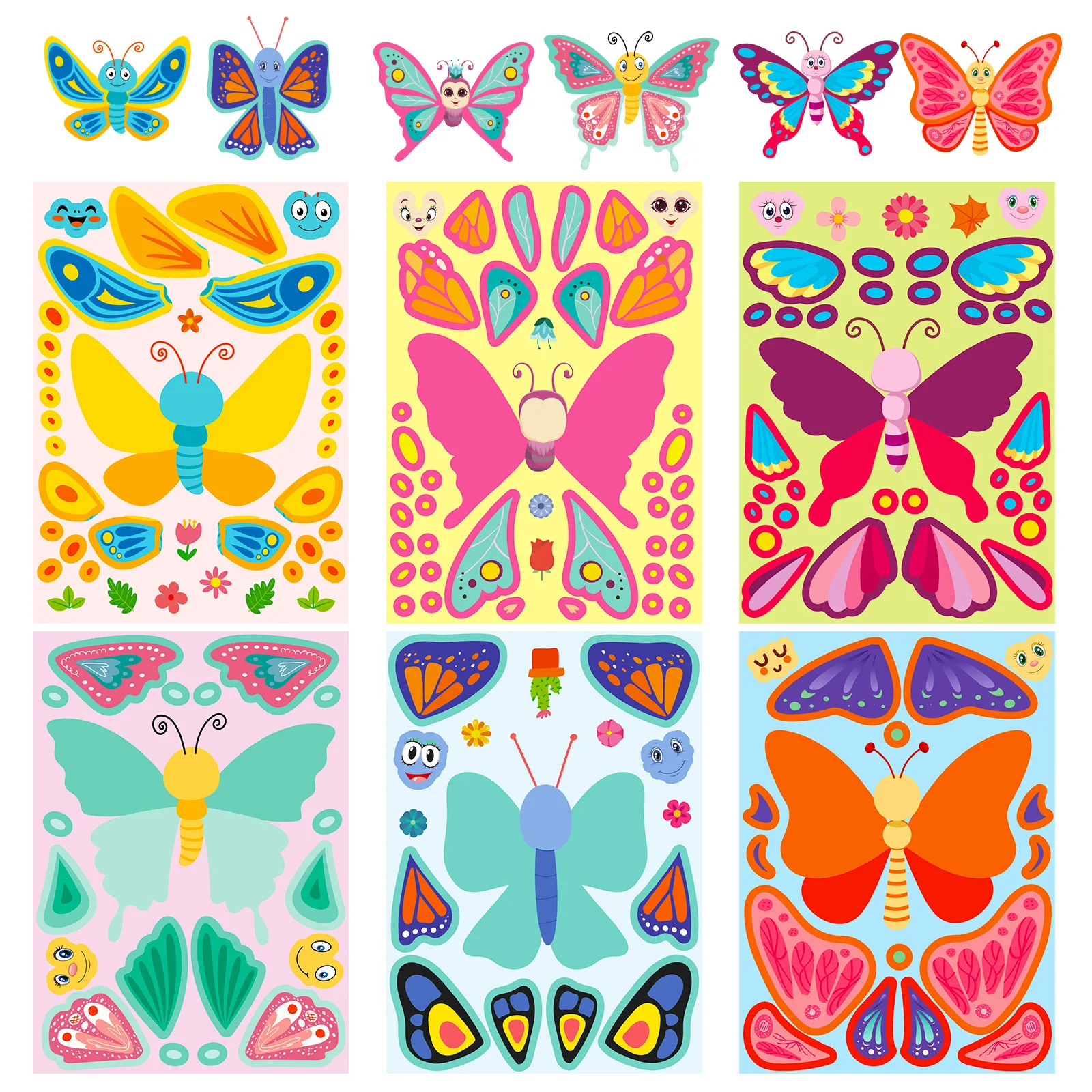 6Sheets Cute Children DIY Puzzle Sticker Games 6 Butterfly Make A Face Funny Assemble Jigsaw Stickers Kids Educational Toys