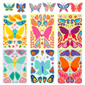 6 hojas de niños lindos Juegos de pegatinas de rompecabezas de bricolaje 6 Butterfly Haga una cara divertida ensamblajes de rompecabezas Juguetes educativos para niños 10 mejores bordados de mariposa de ventas - №9