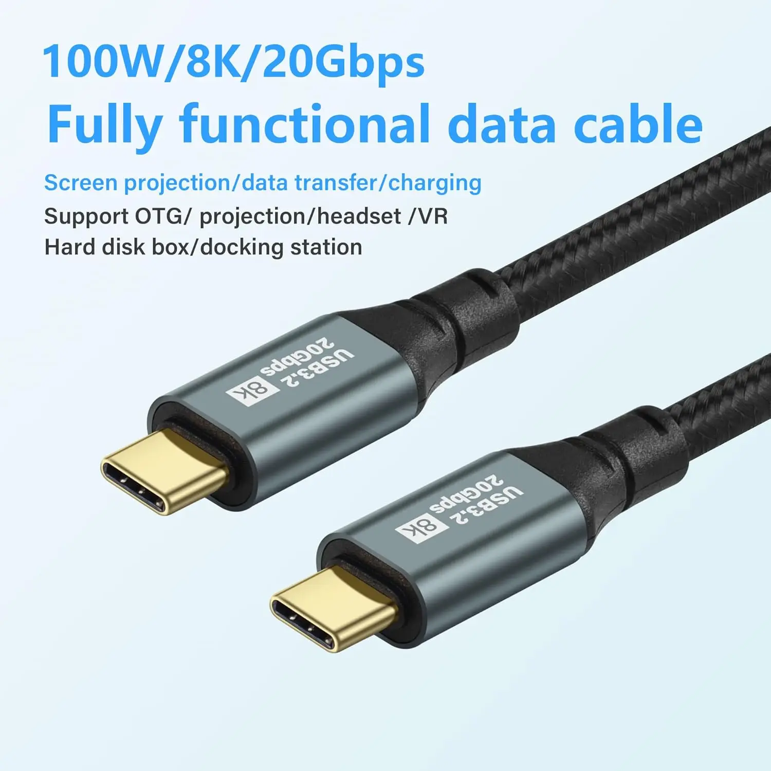 USB C a C 100W 5A PD Cable trenzado de carga rápida pantalla 4K 8K 20Gbps Cable de datos USB 3,2 para teléfono tableta portátil disco duro móvil