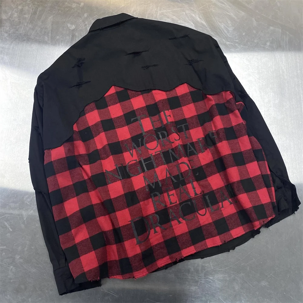 Undermycar 2023 New Worn Out Heavy Work Durable Splice Extra Large Loose Plaid Shirt with Black and Red Plaid