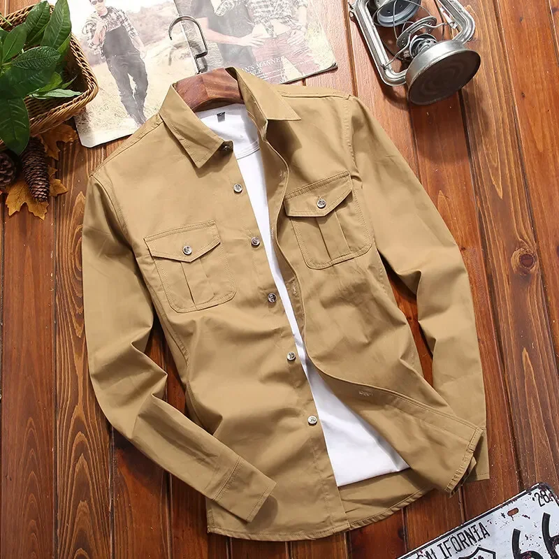 Long Sleeve Cotton Shirt For Men Casual Fashionable Spring Autumn Military Green Versatile Slim Fit Denim Military Uniform