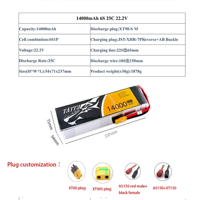 TATTU 6S 25C Lithium Battery 8000/10000/14000/22000/30000mAh High Voltage Plant Protection Lithium Battery UAV Model Battery