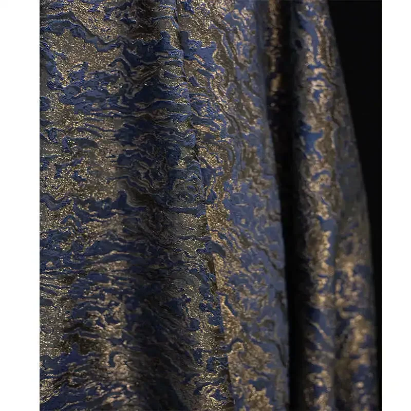 Golden Wave Pattern Jacquard Fabric Blue Black Double Sided Antique Style Luxury Hanfu Dress Jacket DIY Clothing Designer Cloth