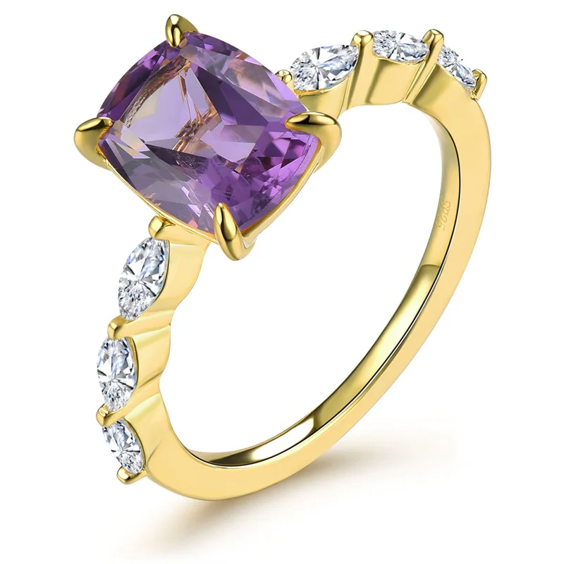 

Natural Amethyst Sterling Silver Ring Yellow Gold Plated 1.8 Carats Genuine Gemstone Classic Elegant S925 Birthday Gifts