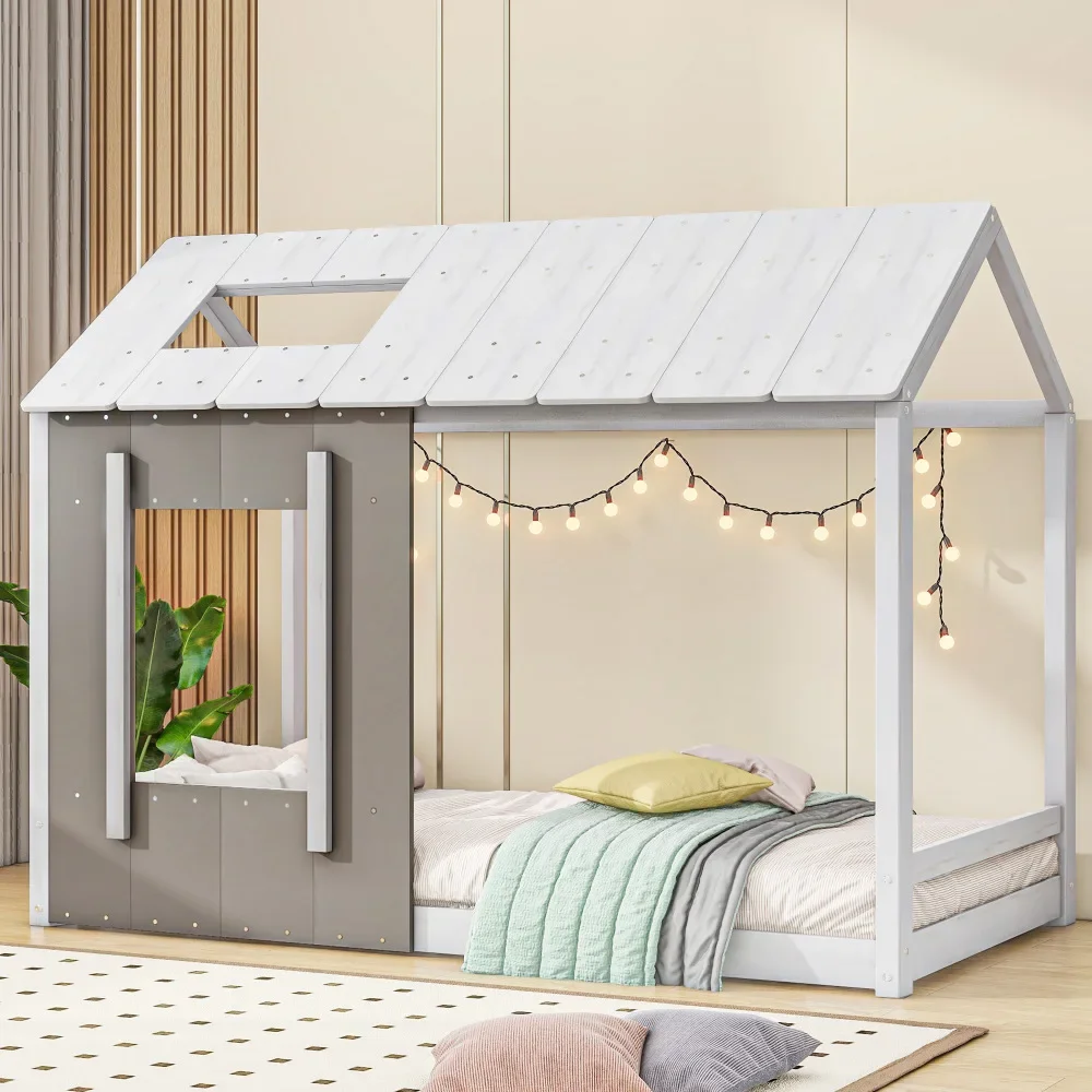 

Children Beds Twin Size House Platform with Roof and Window, White+Antique Grey Children's Bed Kids Furniture Wooden Bed US