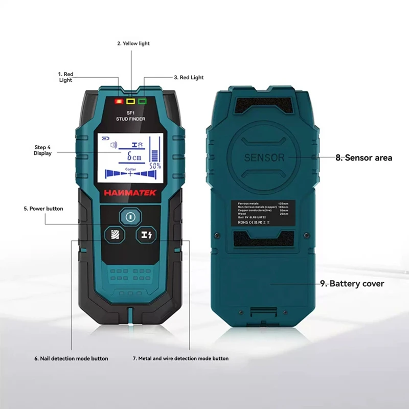 Hanmatek sf1 localizador de pinos de madeira detecção de metais de cabo vivo localizador de medição de metais scanner detector de parede