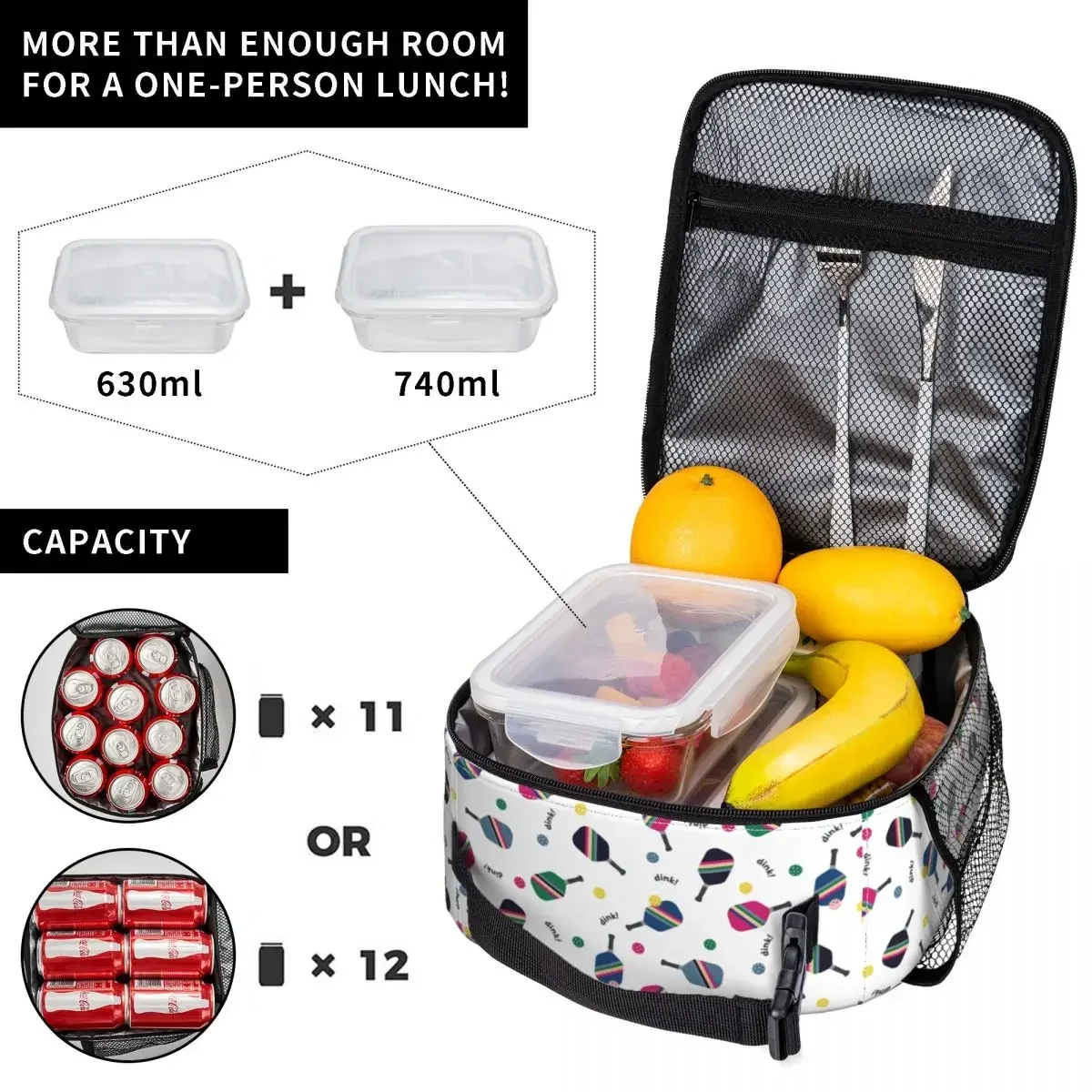 Pickleball Fun Paddle Dink Player Gift Insulated Lunch Bag Food Box Reusable Cooler Thermal Lunch Box School