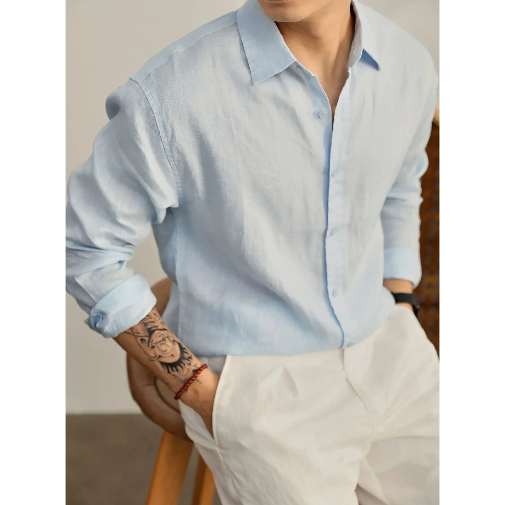 Minimalist Pure Color Linen Long Sleeve Shirt Men's Casual Thin Loose Feeling Leisure Sunscreen Shirt Breathable Lightweight