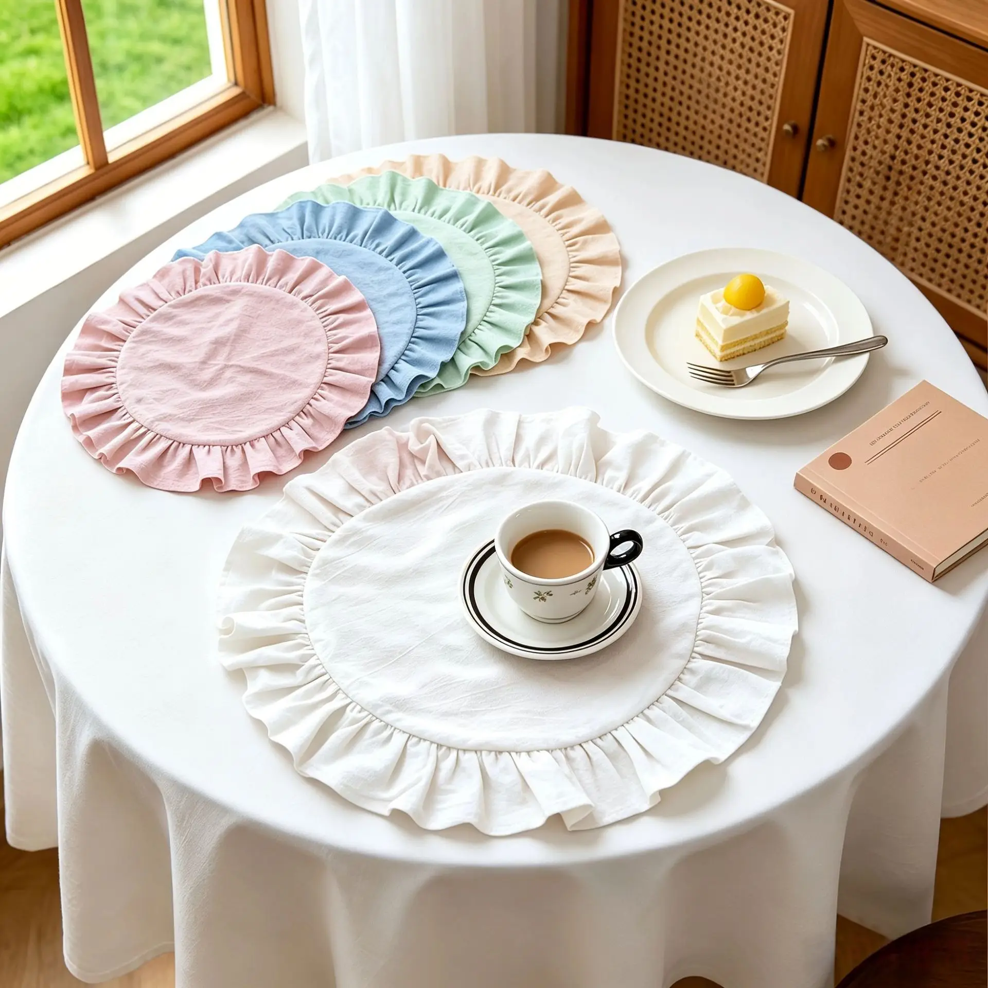 Soft Solid Color Ruffled Placemats Round Cotton Cloth Napkins Afternoon Tea Placemat for Wedding Decoration Table Decor