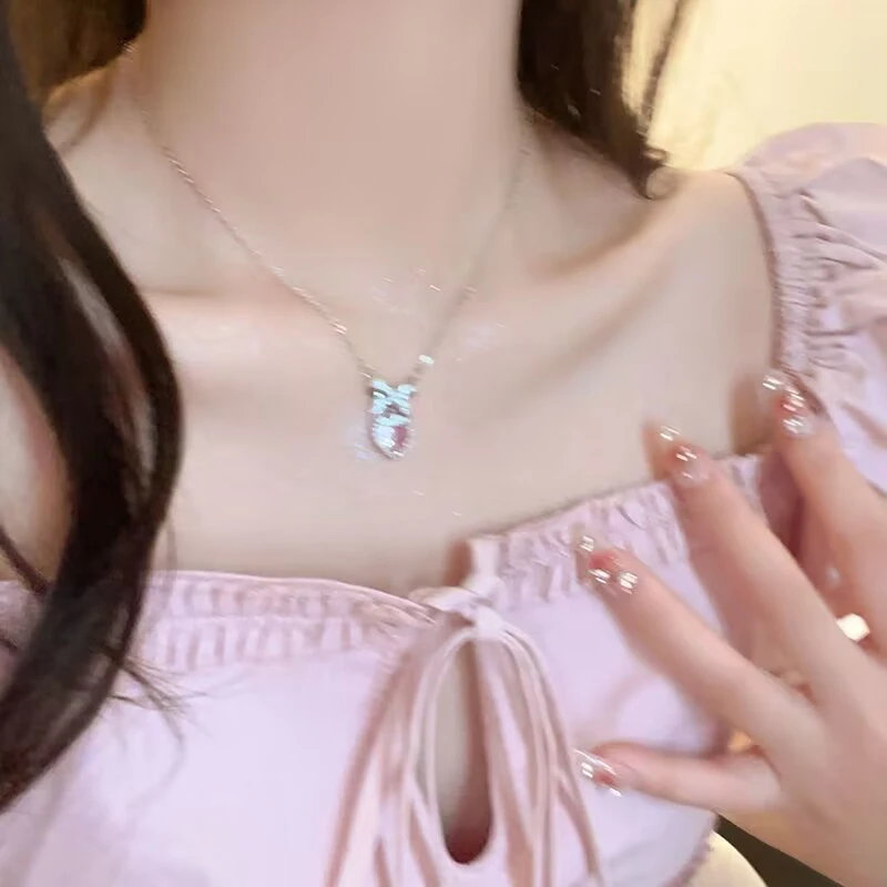 Crystal Zircon Bowknot Heart Pendant Necklaces Pink Heart Ladies Girls Fashion Elegant Clavicle Chain For Women Jewelry
