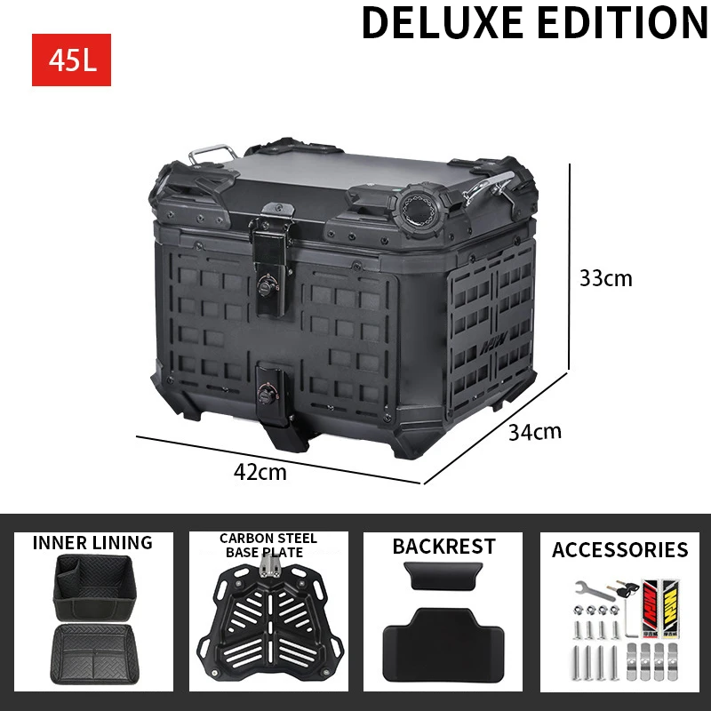 

45L/55L Motorcycle Trunk Aluminum Alloy Rear Box - Portable & Quick-Release Black High-Capacity Rear Trunk