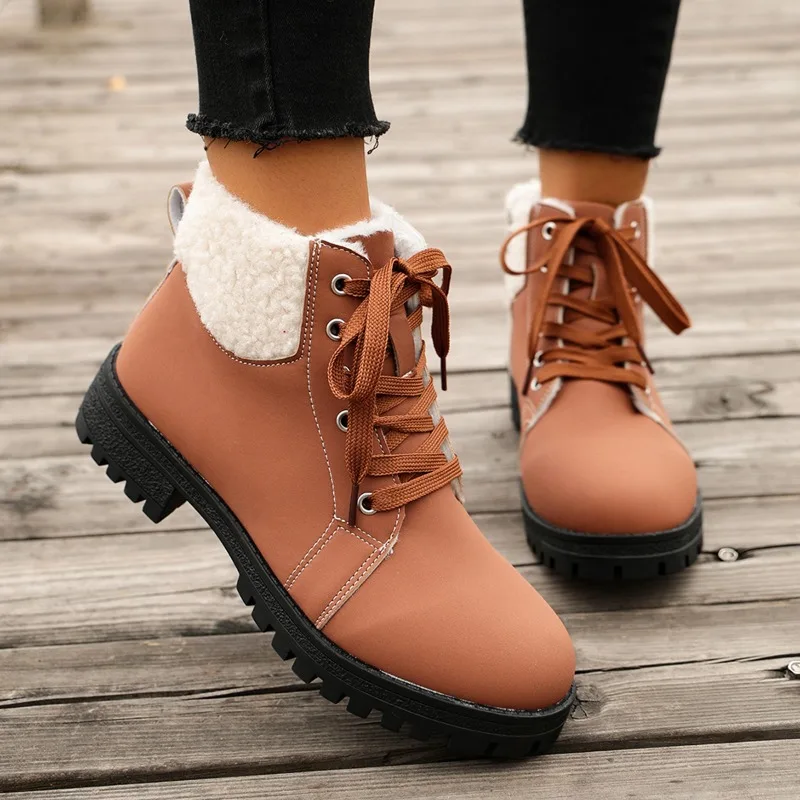 Winter Fashion Fleece Lined Lace Up Women's Snow Boots 2026 New Simple Style Thick Soled Anti Slip Warm Casual Women Boots