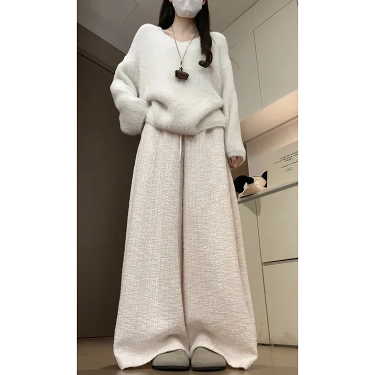 الوردي الحلو عادية مستقيم الساق السراويل النسائية الخريف الشتاء جديد تنوعا التخسيس عالية الخصر ثنى الطابق طول السراويل