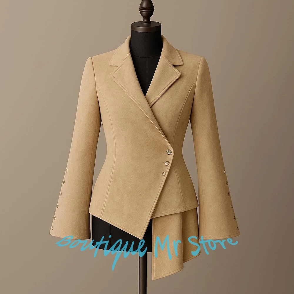 

Suede Asymmetric Women's Jacket Single Breasted Jacket with Flared Button-Cuff Sleeves Elegant Unique Formal Casual One Piece
