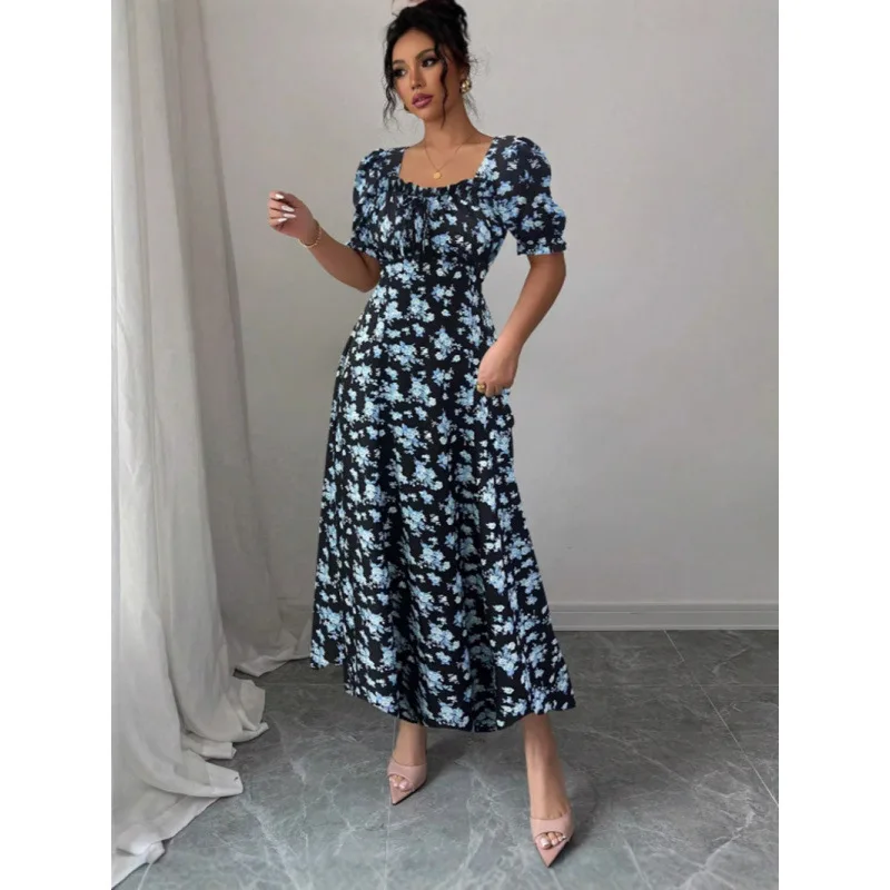 Moroder 2025 Letnia Nowa Kolekcja Damska Moda Europejska i Amerykańska Sukienka Szyfonowa z Dekoltem w Serek, Krótkimi Rękawami, Nadrukiem i Rozkloszowanym Dołem