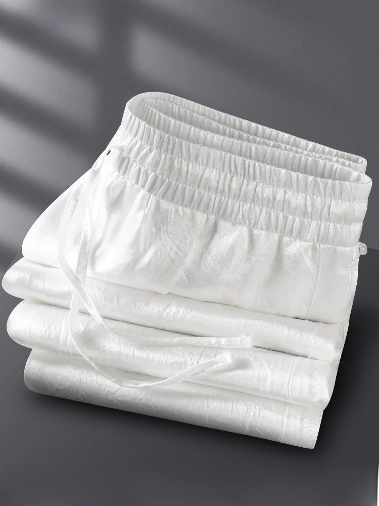 

Мужские повседневные брюки из шелкового ацетата: летние, гладкие, струящиеся, прямого кроя, премиум-класса, из ледяного шелка, дышащие, белые, спортивные, немнущиеся