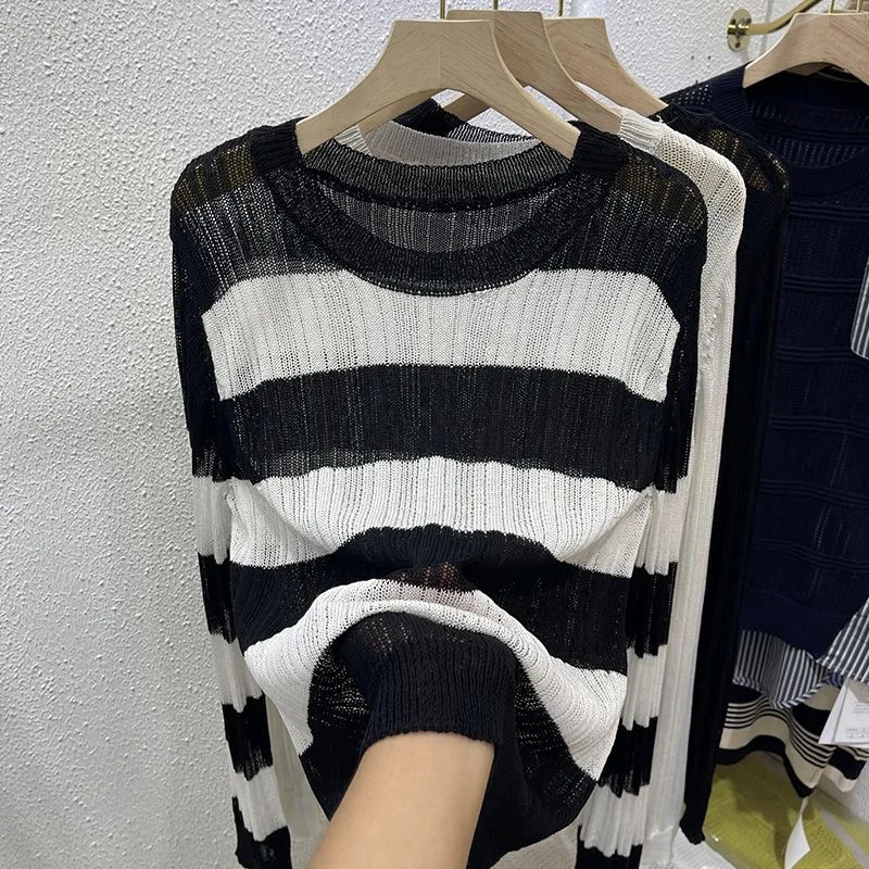

Slim Fit Striped Knitwear Long Sve Thin Summer Top Men Women Breathable Sun Protection irt Casual American Sle round Ne