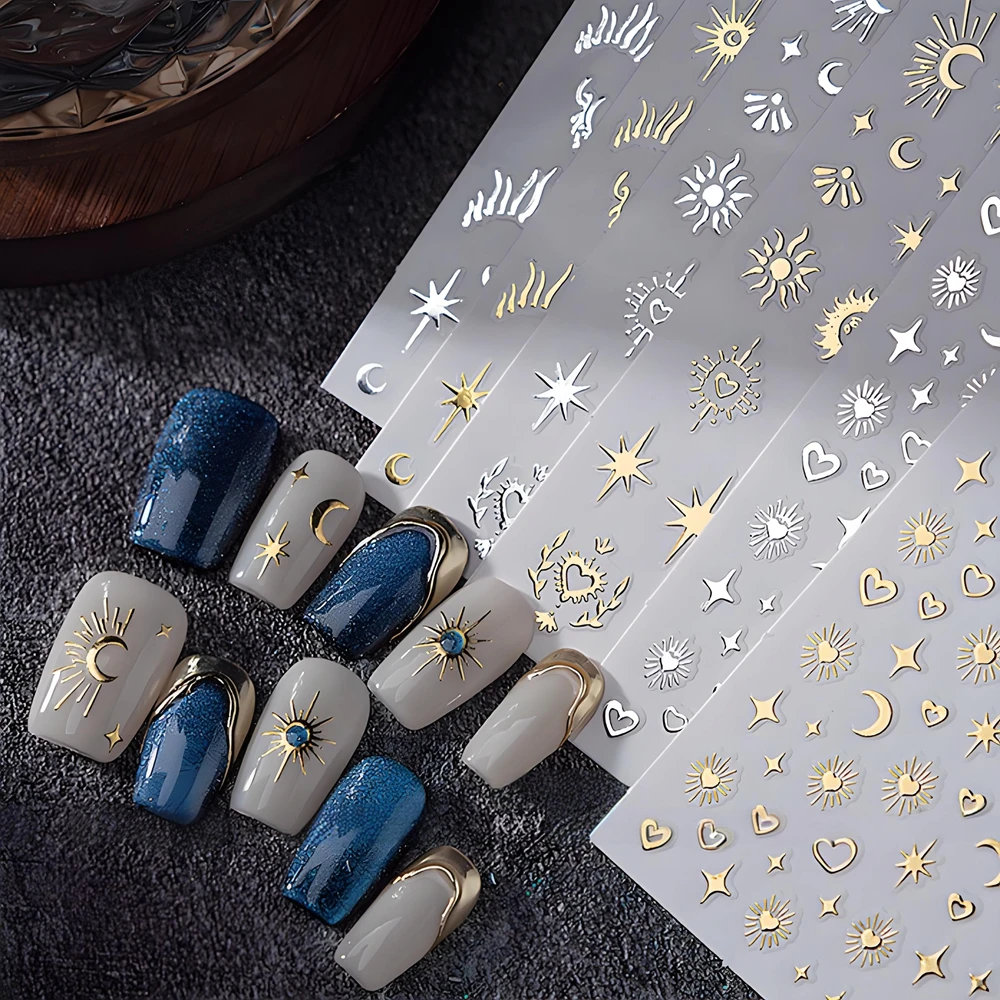 

Back Adhesive Silver Gold Stamping 3D Nail Art Stickers Star Moon Sun Decals For Nails Decoration Manicure Supplies Material