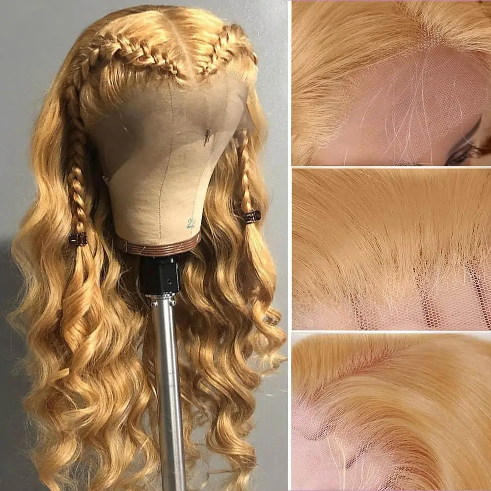 #27 Honey Blonde Human Hair Wigs 13X4 Transparent Lace Pre Plucked Body Wave Human Hair Lace Frontal Wig 200 Density 20-32 inch