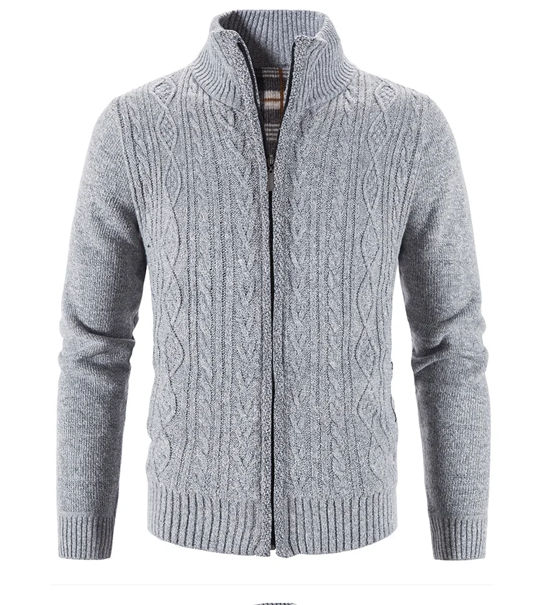 Winter Herbst Neue Pullover Stricken Zopf Strickjacke Männer Business Casual Jacke Zipper Up Einfarbig drehen-unten Mantel Fleece kleidung – Detail 4