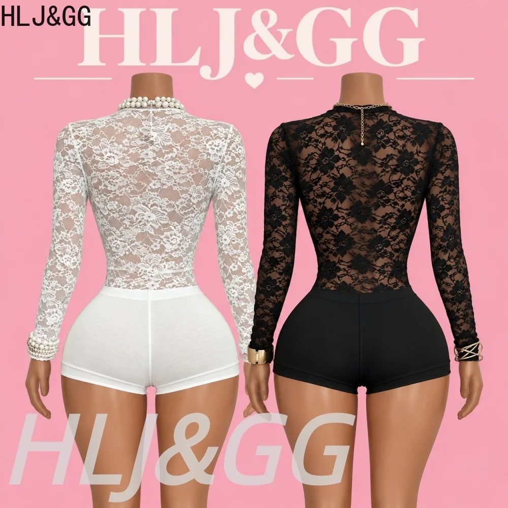 HLJ&GG Lace See Though Shorts Two Piece Sets Women Round Neck Long Sleeve Slim Top And Shorts Outfits Fashion 2pcs Streetwear