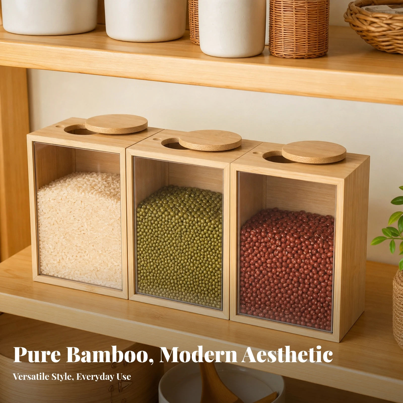 Bamboo Storage Box with Clear Front Panel Versatile Grain Storage Box with Wooden Lid Pantry Organizer Transparent Compact