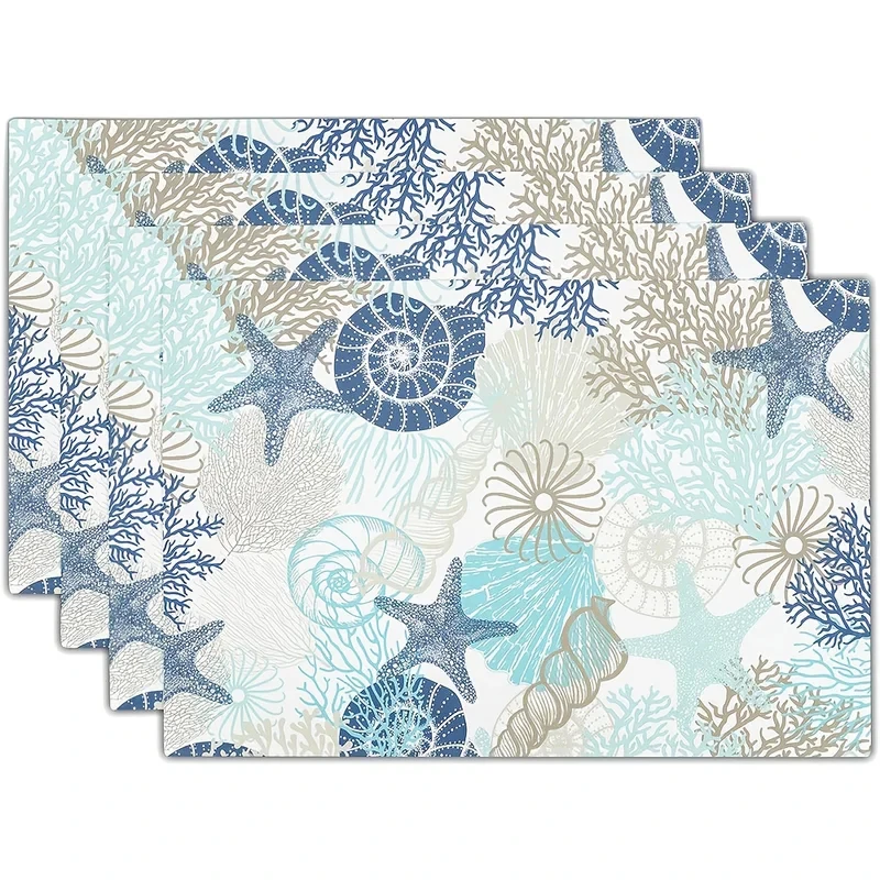 VIKAMA 4pcs Watercolor Coral Shell Placemats Washable Table Mats Ocean Beach Kitchen Dining Decor Party Home Gift