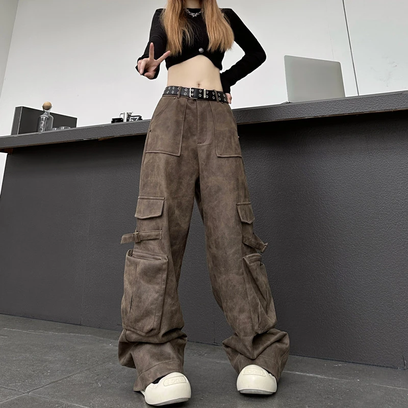 

Women's Pants High Street PU Leather Overalls Autumn and Winter New Loose Retro American Female High Waist Wide-leg Pants