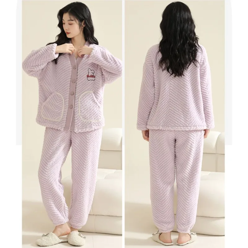 2024 New Coral Velvet Pajamas Women Autumn Winter V-neck Sleepwear Flannel Jacquard Cute Student Homewear Dormitory Loungewear