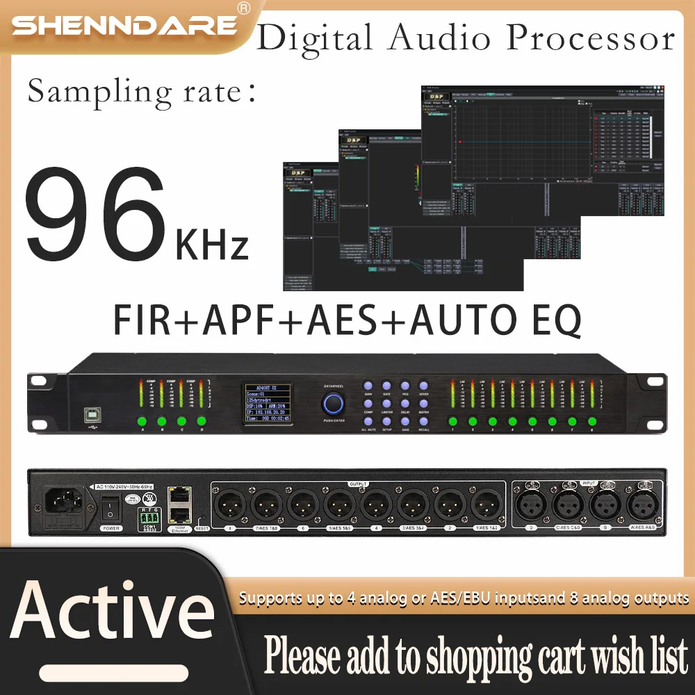 ShennDare DPA0408RTS 4 In 8 Out Professional Stage Processador de áudio digital Efeitos DSP de 32 bits com FIR AES Entrada Saída AUTO EQ Effect Performance Processador de nível de estúdio