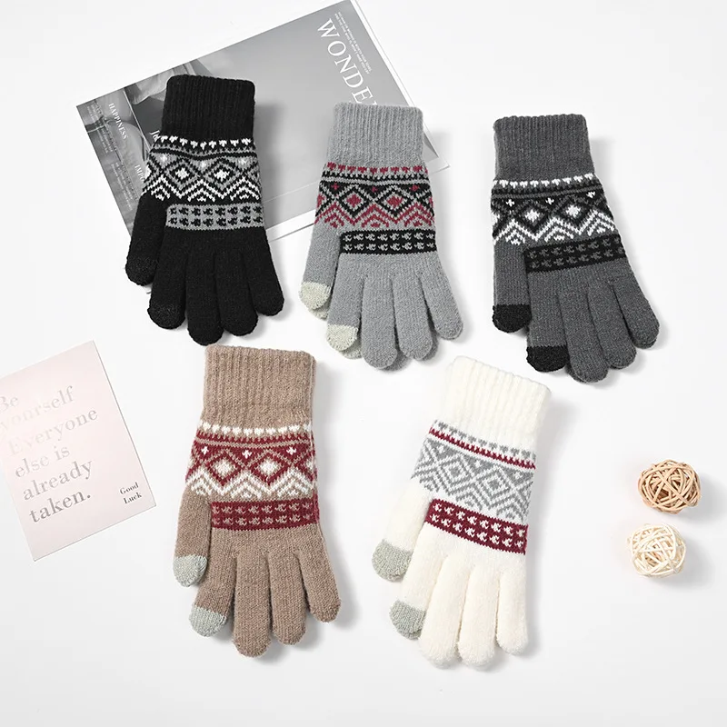 Fair‑isle Style Knitted Gloves Touchscreen Warm Retro Nordic Pattern Unisex Daily Winter Wear Christmas Jacquard Outdoor Gloves
