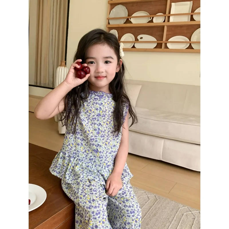 XTY-Children's suit2024Summer Girls' Princess Loose Pastoral Style Floral Lace Doll Shirt Wide Leg Pants Suit