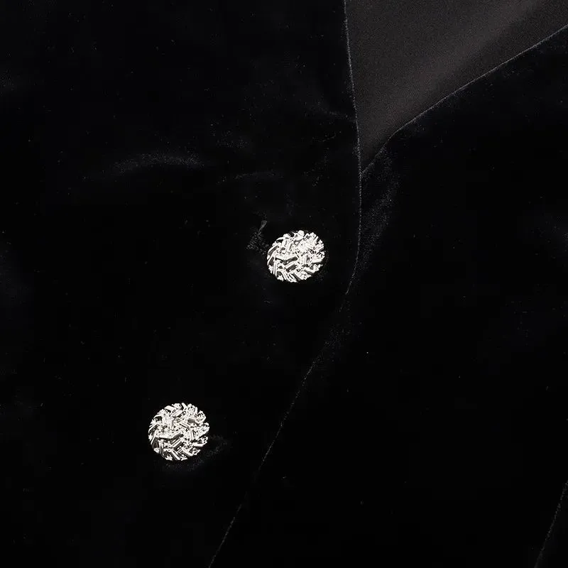 Botão frontal plissado guarnição colete de veludo preto feminino 2025 primavera outono sem mangas jaqueta casaco elegante senhoras cardigan topo