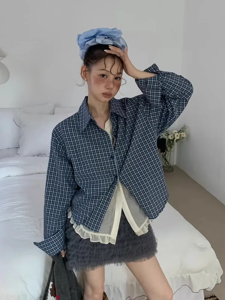 

Clothland Women Elegant Plaid Ruffled Blouse Fake Two Piece Long Sleeve Checkered Shirt Female Fashion Tops Blusa LB406