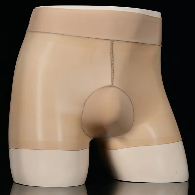 Эротические плавки Sissy, тонкие прозрачные масляные блестящие двухслойные бесшовные шорты-боксеры с высокой талией для мужчин, трусики с рукавами для пениса