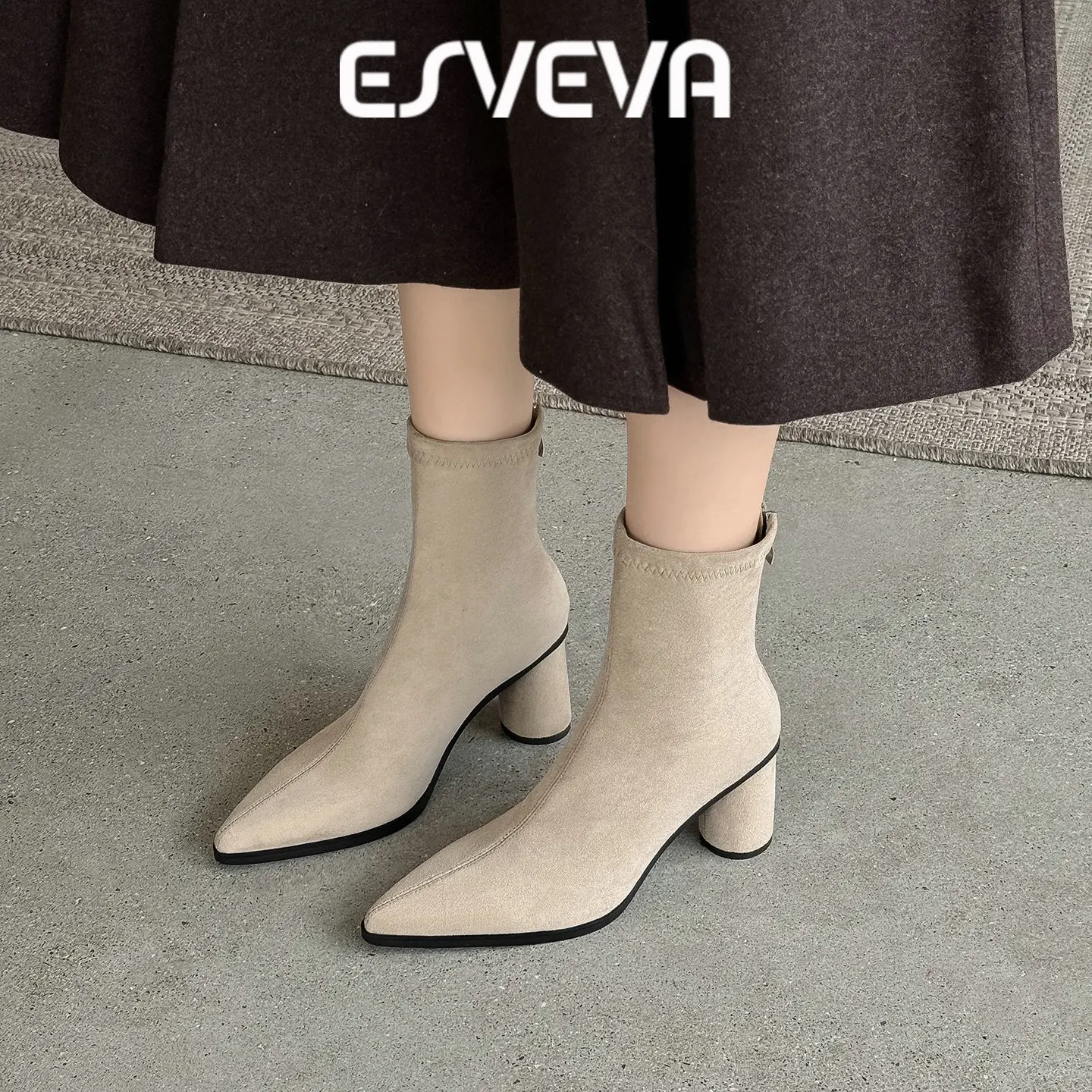 ESVEVA 2027 News Fashion Stretch Boots Women Ankle Boots Autumn Shoes High Heels Zipper Pointed Toe Dress Short Boots 34-40