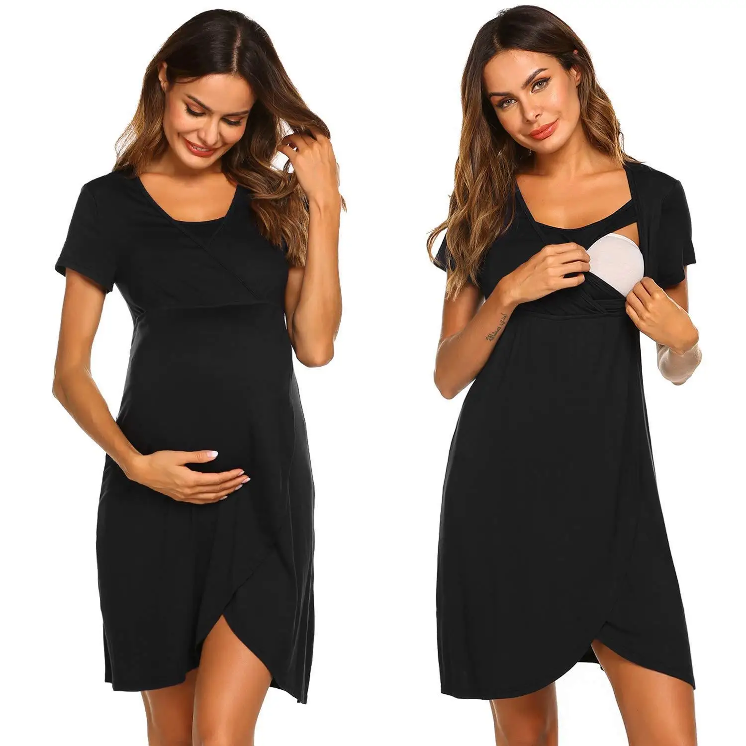 

European American Style Maternity Nursing Dress Irregular Round Neck Short Sleeve Casual Breastfeeding Pregnancy Clothing