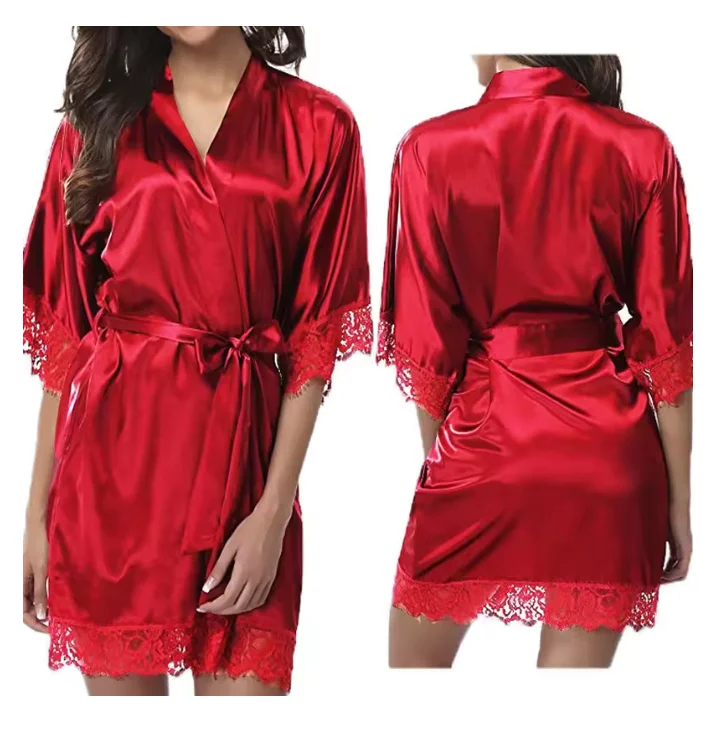 Sexy Wedding Dressing Gown Women Short Satin Bride Robe Lace Silk Kimono Bathrobe Summer Bridesmaid Nightwear Plus Size Peignoir