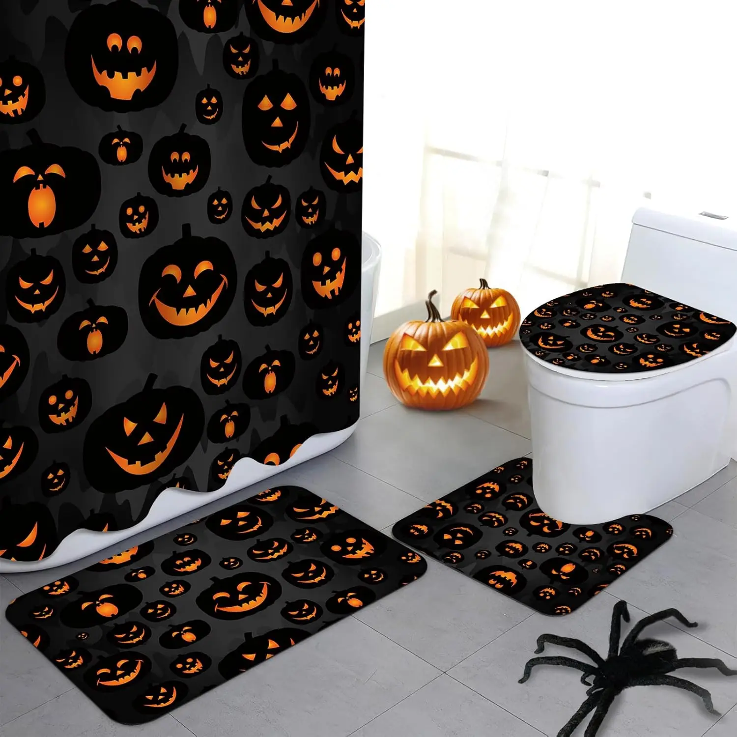 

4pcs Halloween Pumpkin Shower Curtain Set Evil Pumpkins Shower Curtain Sets Halloween Black Scary Shower Curtain Set Bathroom
