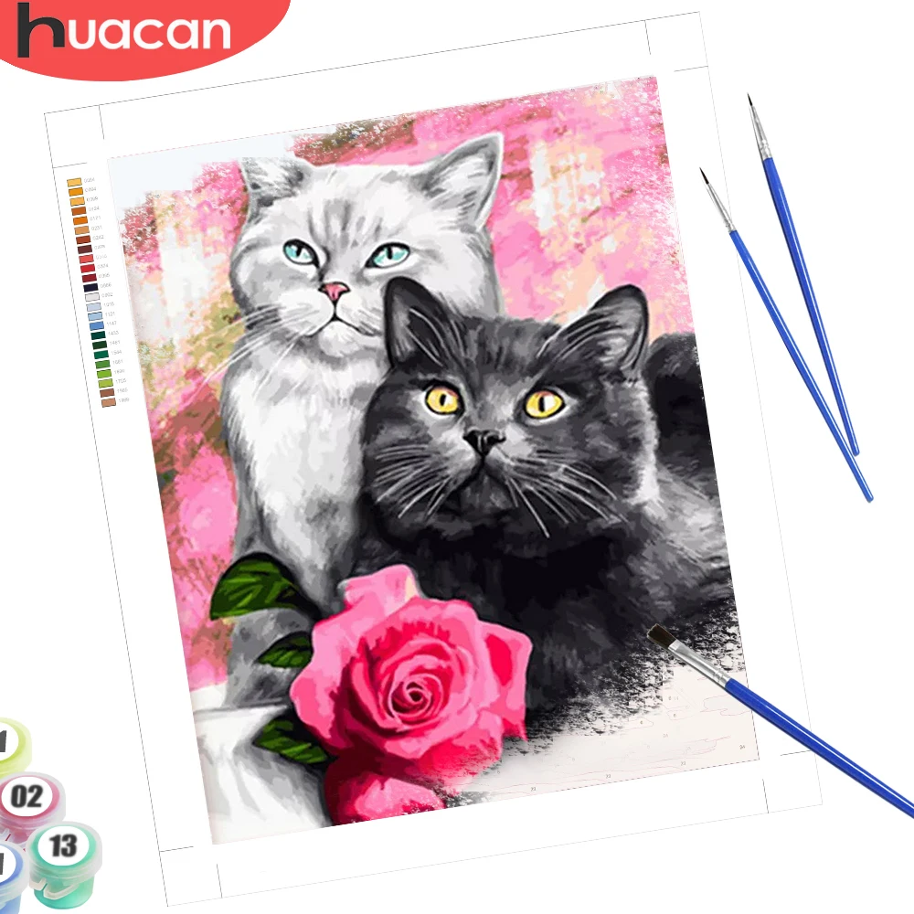 HUACAN الطلاء بواسطة أرقام القط الحيوان رسمت باليد مجموعات ديكور المنزل الحرف مجردة رسم على قماش زهرة الورد هدية جدار مجموعة #1