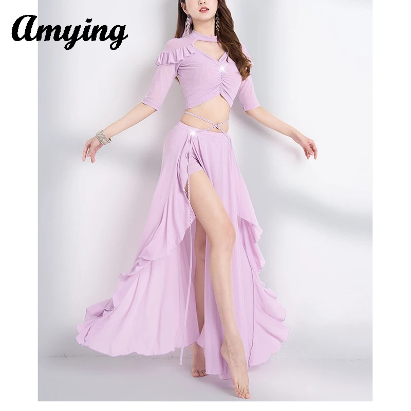 Fato de dança do ventre feminino, fato de treino, roupa de dança oriental, top elegante, vestido longo, faixa de cabelo, 3 peças, 2024