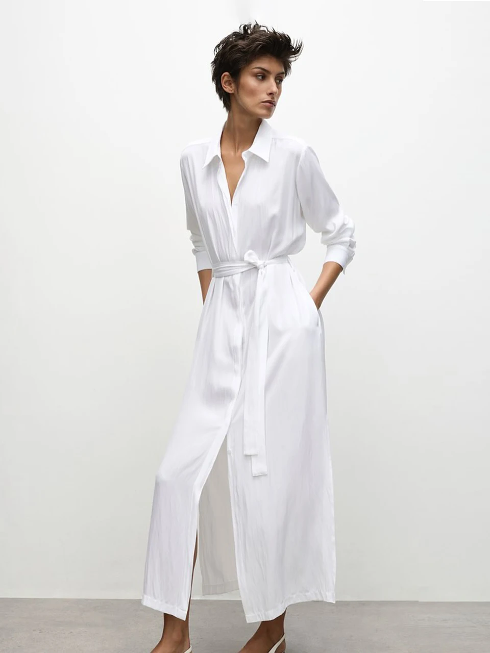 

Marthaqiqi Casual Female Sleepwear Turn-Down Collar Pajamas Lace Up Nightie Long Sleeve Nightgowns Ankle-Length Dress Nightwear