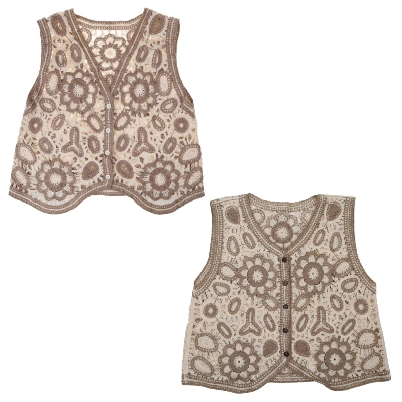 Damen Vintage Hollow Out Crochet Crop Vest Stickerei Floral Ärmellos für