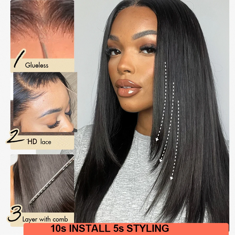 Layered Cut Glueless 6x6 HD Lace Front Closure Human Hair Wigs Ready To Wear Straight Pre plucked 5x5 HD Closure Wig Brazilian