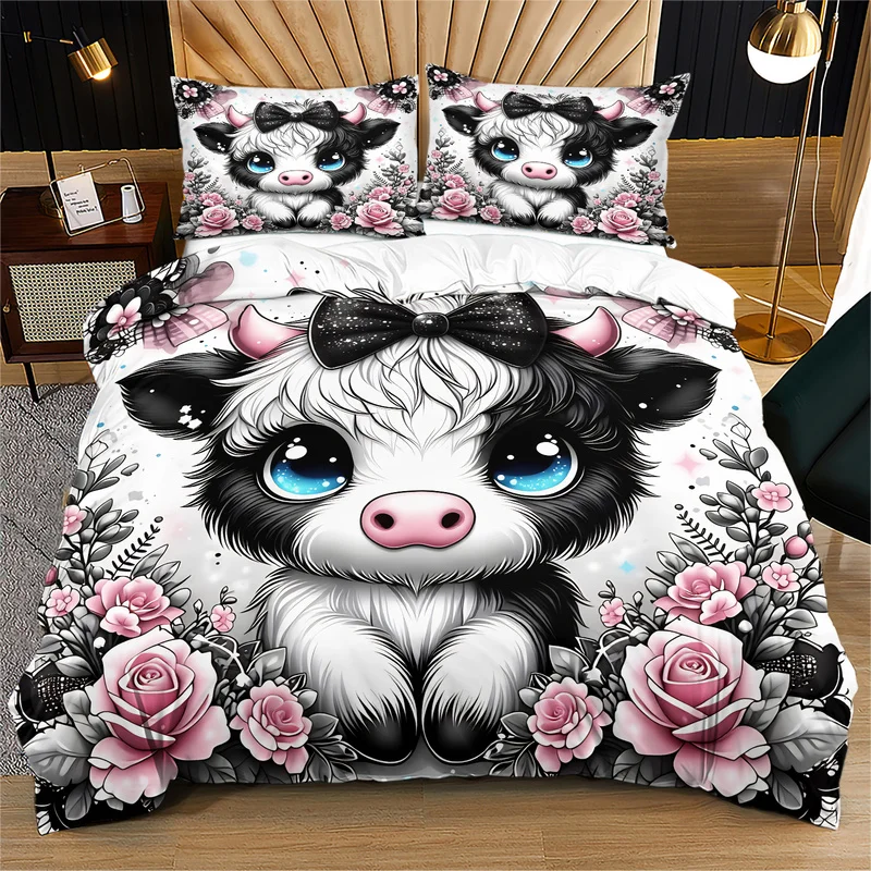 2/3Pcs Polyester Duvet Cover Set,Ultra-Soft,Breathable,Skin-Friendly,Durable,Cute Black-and-White Cow with Bow and Pink Roses