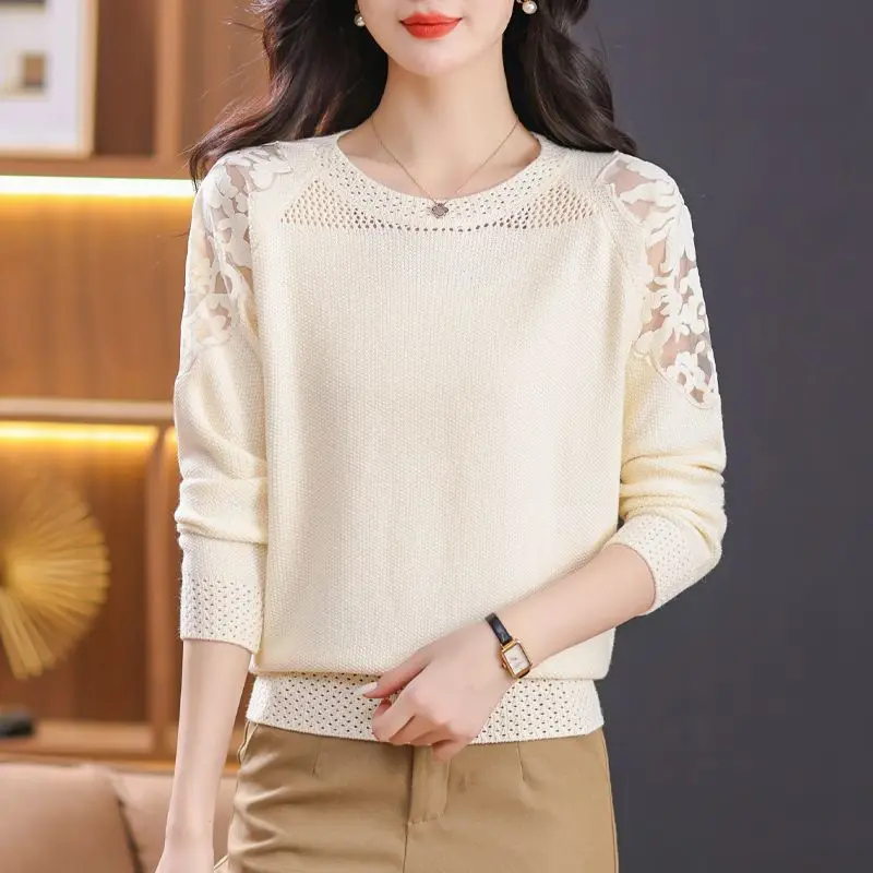 Women\'s Clothing Solid Spring Autumn Pullover Round Neck Lantern Long Sleeve Screw Thread Sweater Knitted Casual Elegant Tops