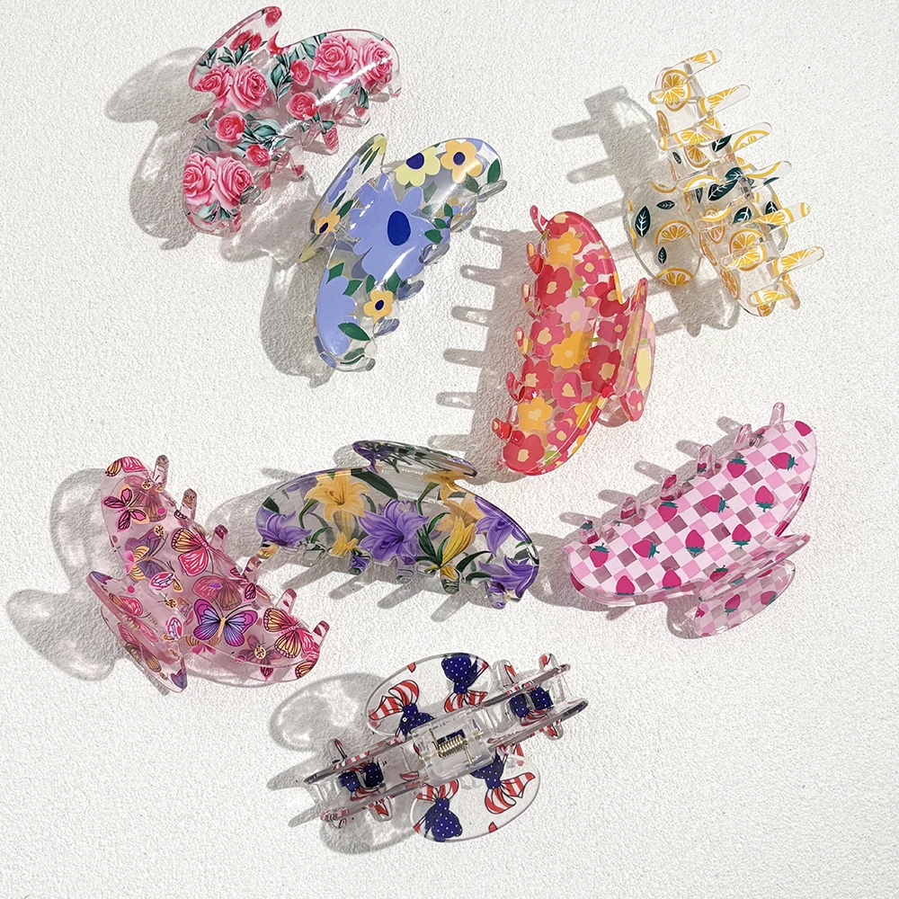 Transparent Colorful Printed Flower Butterfly Lemon Strawberry Hair Clip Claw For Women New Acrylic Barrettes Hair Accessories