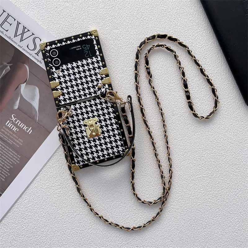 

Hand Strap Houndstooth Leather Square Phone Case Cover With Crossbody Long Lanyard Chain For Samsung Galaxy Z Flip 6 5 4 3 5G