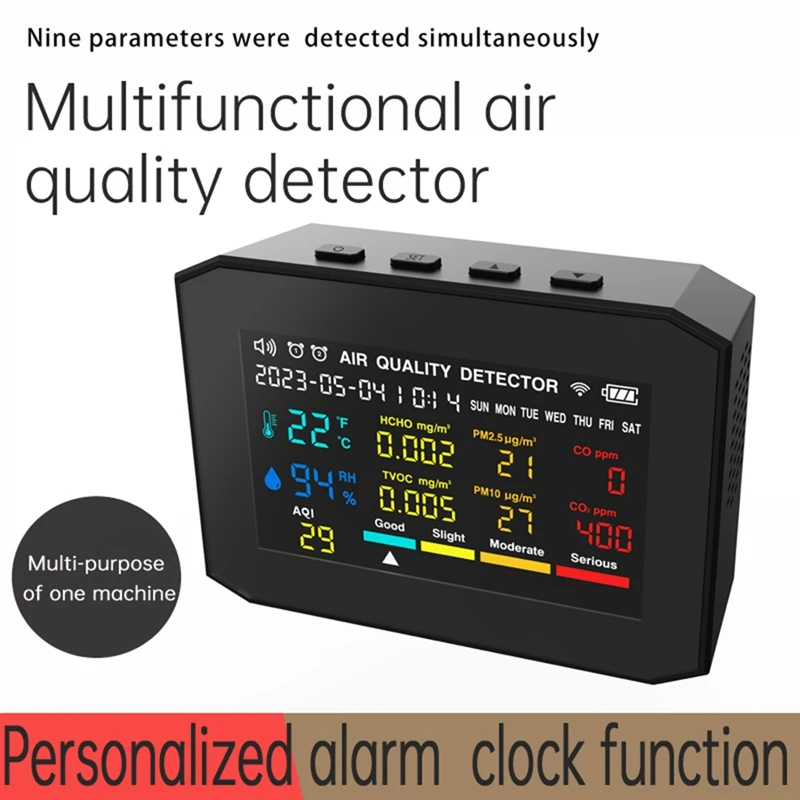 

Монитор качества воздуха 10 в 1, измеритель CO2, CO TVOC, HCHO, PM2.5, PM1.0, PM10, детектор температуры и влажности, двуокиси углерода, прост в использовании