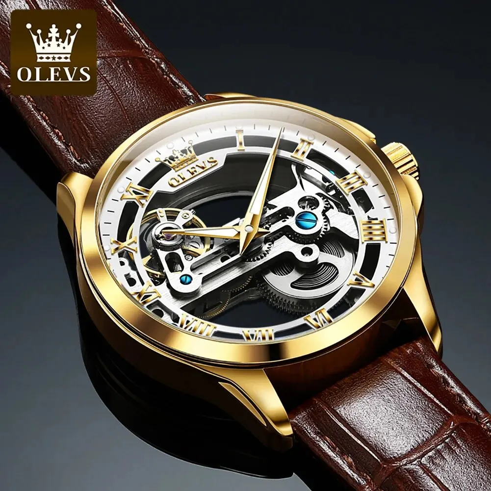 OLEVS 6661 Luxury Men\'s Automatic Mechanical Wrist Watch Leather Strap Fashion Fully Hollow Out Design Waterproof Watch for Men